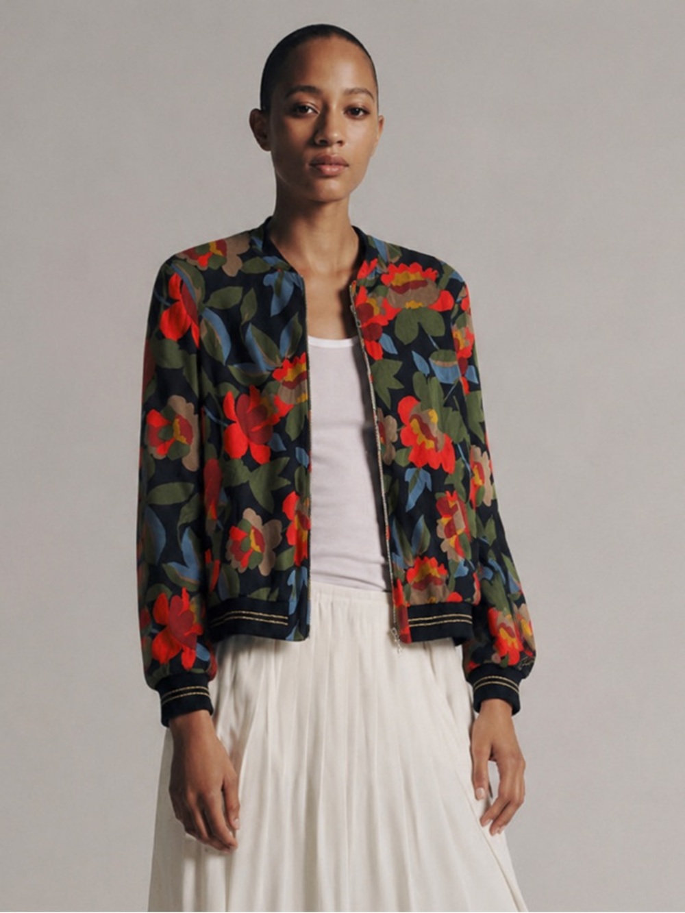 Zara TRF Black Botanical Floral Zip Bomber Jacket - Size M